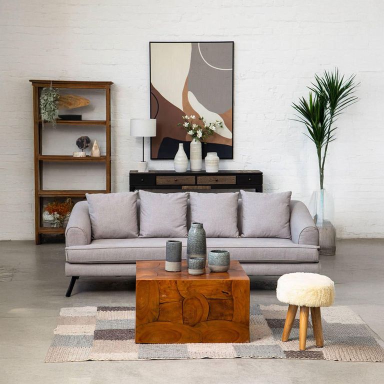 Kendari Footstool - Round - Cream Faux Fur with Teak Wood