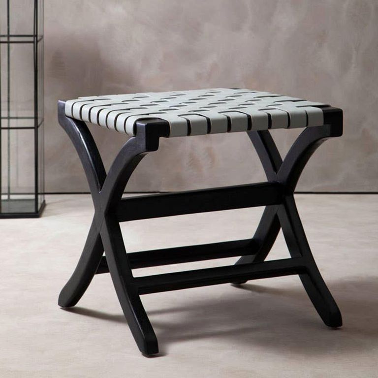 Kendari Stool - Square - Grey Leather with Teak Wood