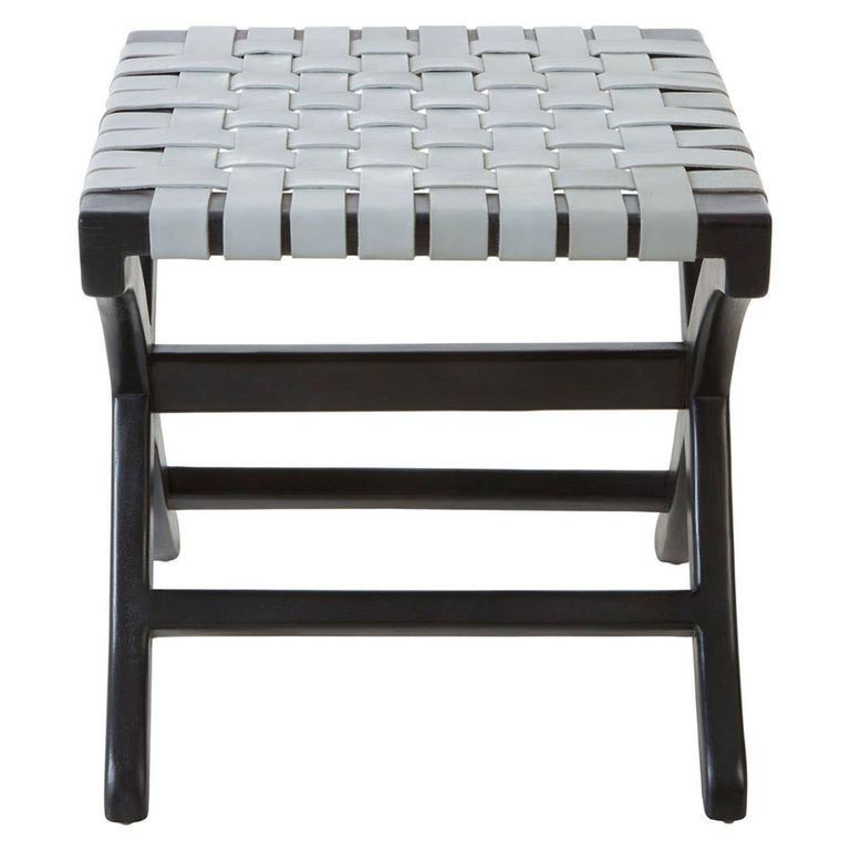 Kendari Stool - Square - Grey Leather with Teak Wood