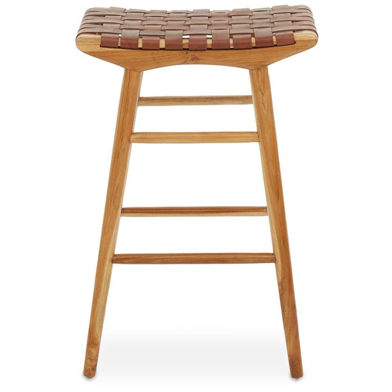 Kendari Stool - Light Brown Leather with Teak Wood