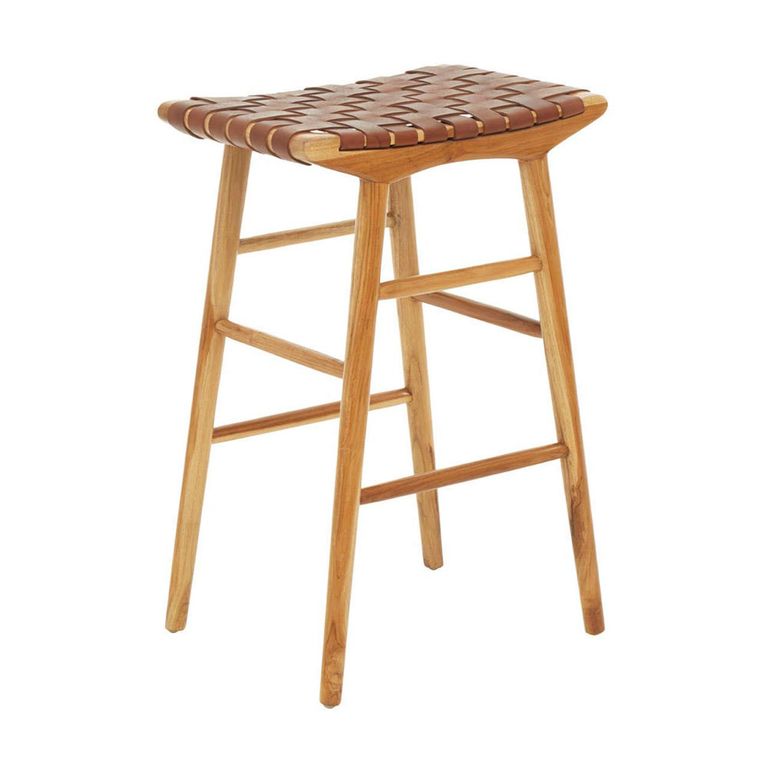 Kendari Stool - Light Brown Leather with Teak Wood