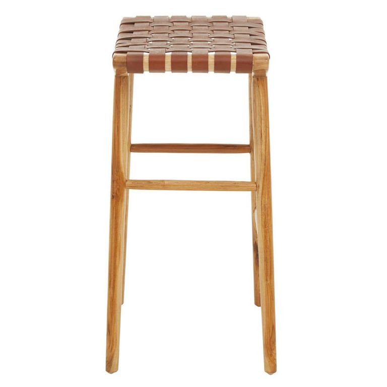Kendari Stool - Light Brown Leather with Teak Wood