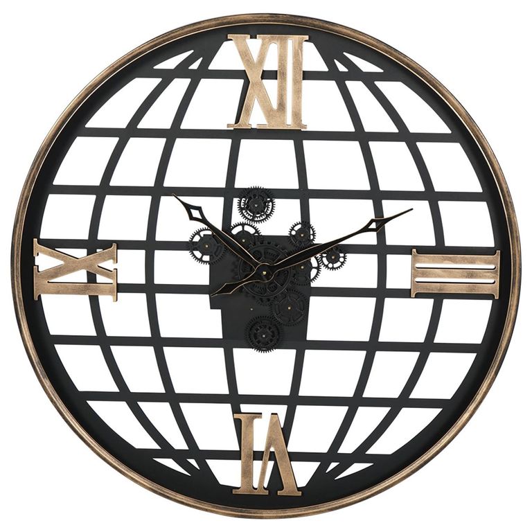 Open Globe Wall Clock - Black Metal - Cogs - Round