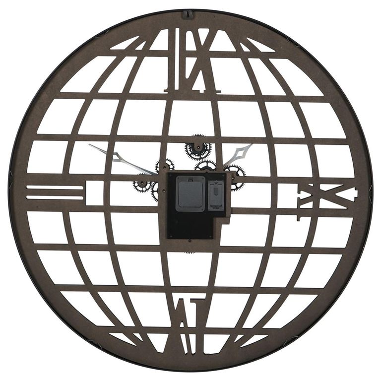 Open Globe Wall Clock - Black Metal - Cogs - Round