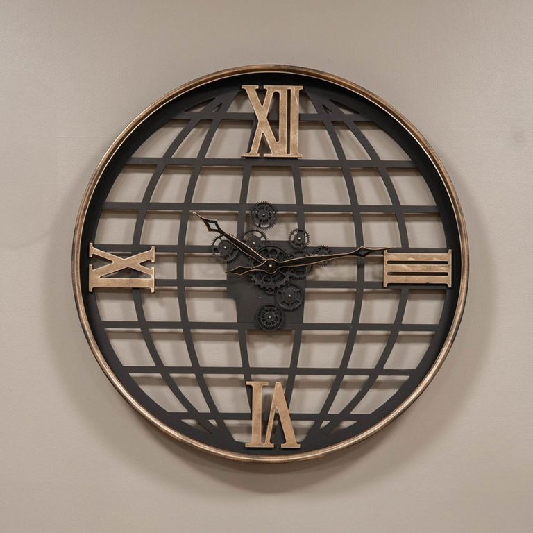 Open Globe Wall Clock - Black Metal - Cogs - Round