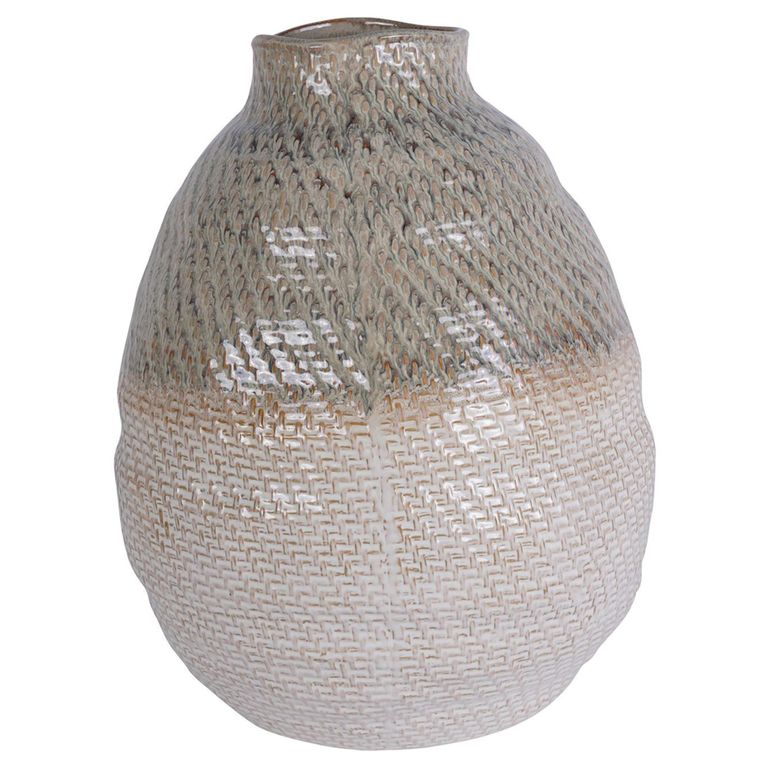 Vase - Taupe and White Ceramic - Woven Effect