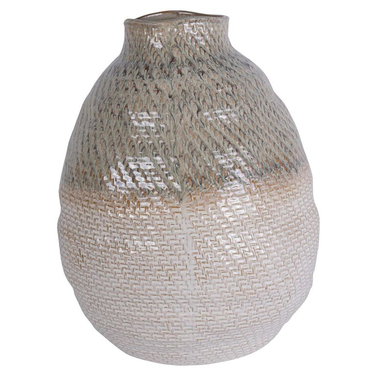 Vase - Taupe and White Ceramic - Woven Effect