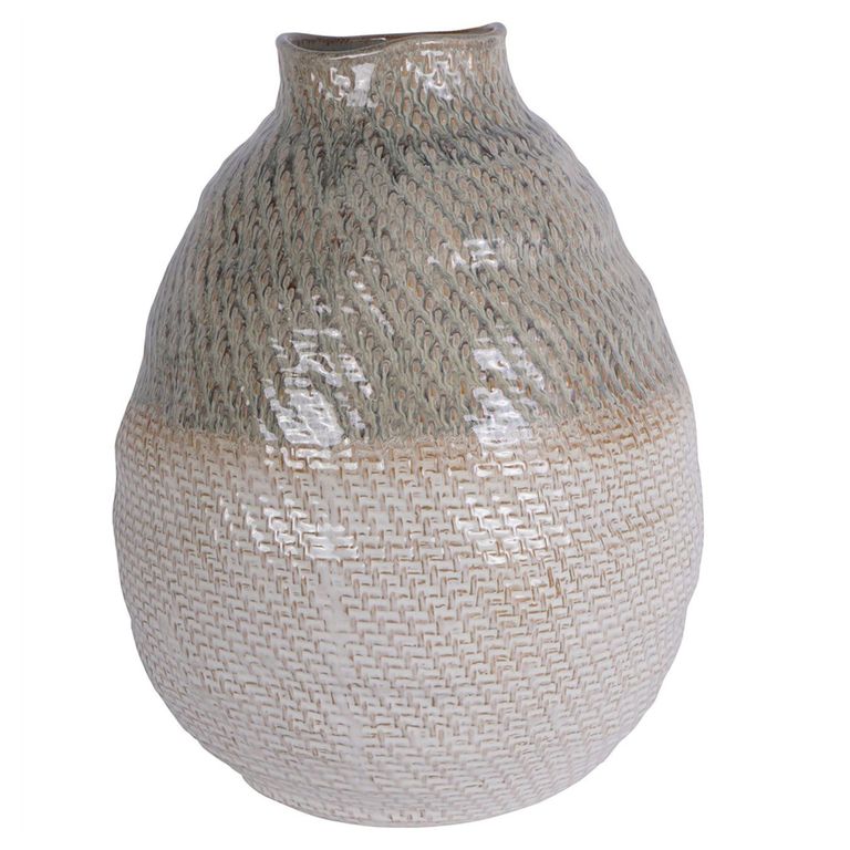 Vase - Taupe and White Ceramic - Woven Effect