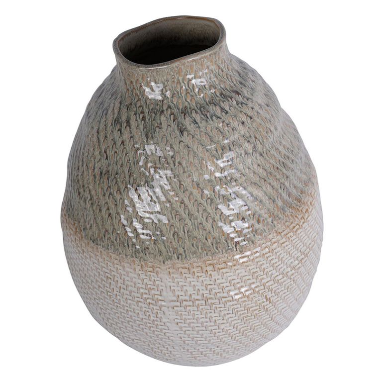 Vase - Taupe and White Ceramic - Woven Effect