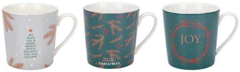 Festive Fir Ceramic Mugs - Green and White - Set of 6
