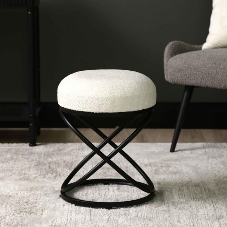 Rizzo Footstool - Round - White Boucle Fabric & Black Metal