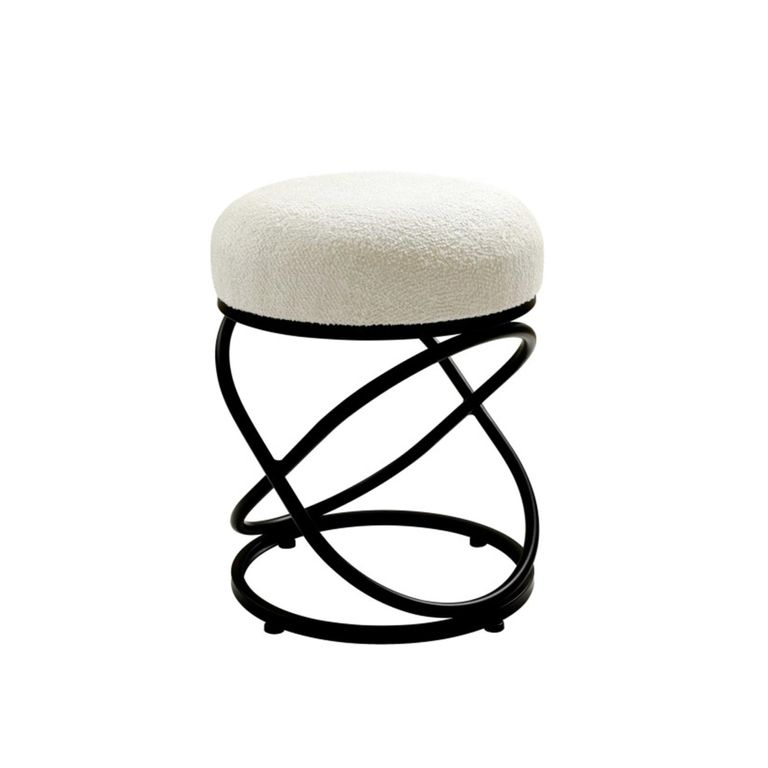 Rizzo Footstool - Round - White Boucle Fabric & Black Metal