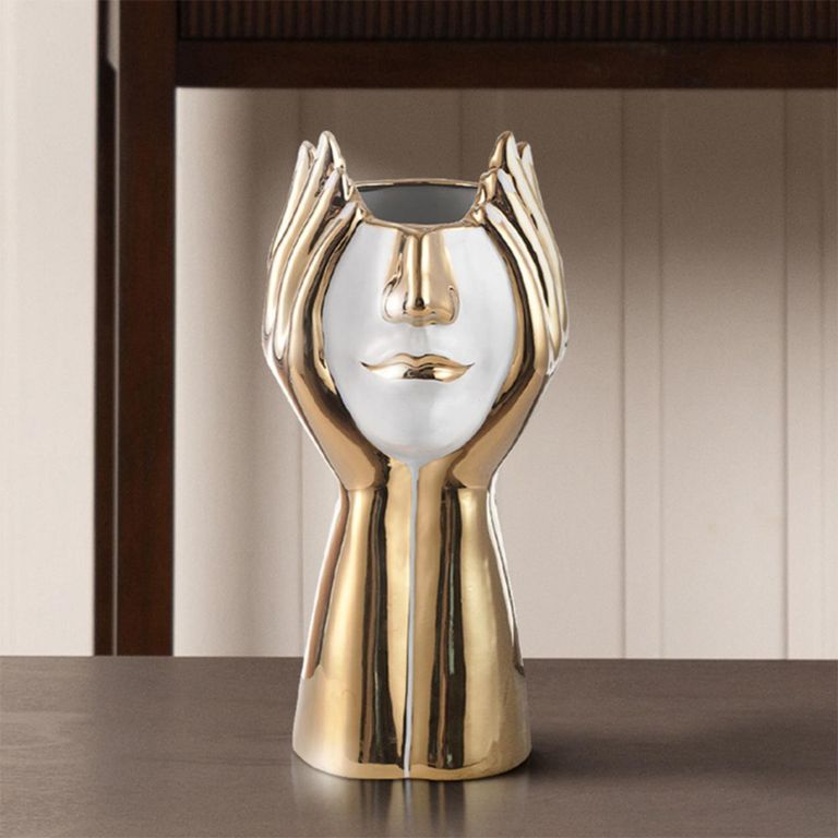 Vase - White and Gold - Abstract Face - Ceramic