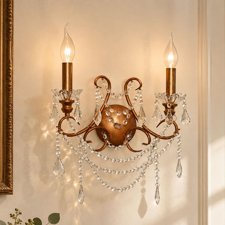 2 Branch Cut Glass Chandelier Wall Light - Antique Gold
