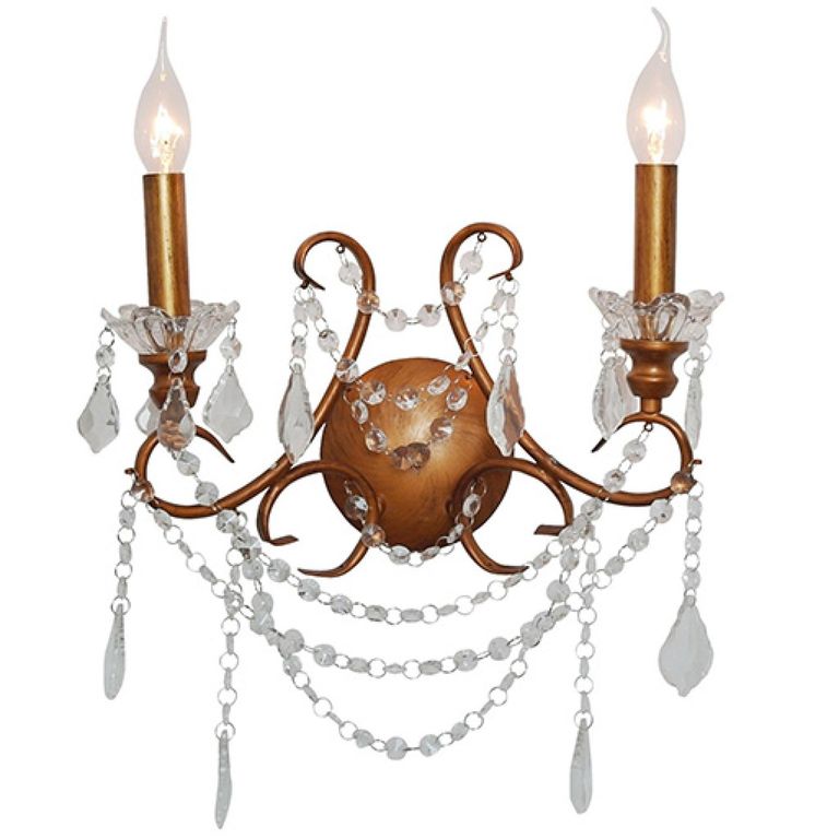 2 Branch Cut Glass Chandelier Wall Light - Antique Gold