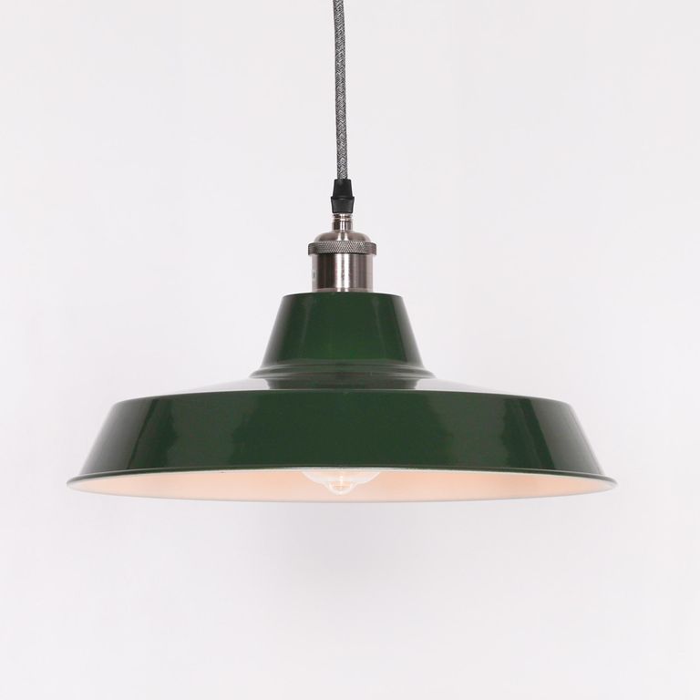 British Factory Style Pendant Light - Green Painted Metal - 36cm