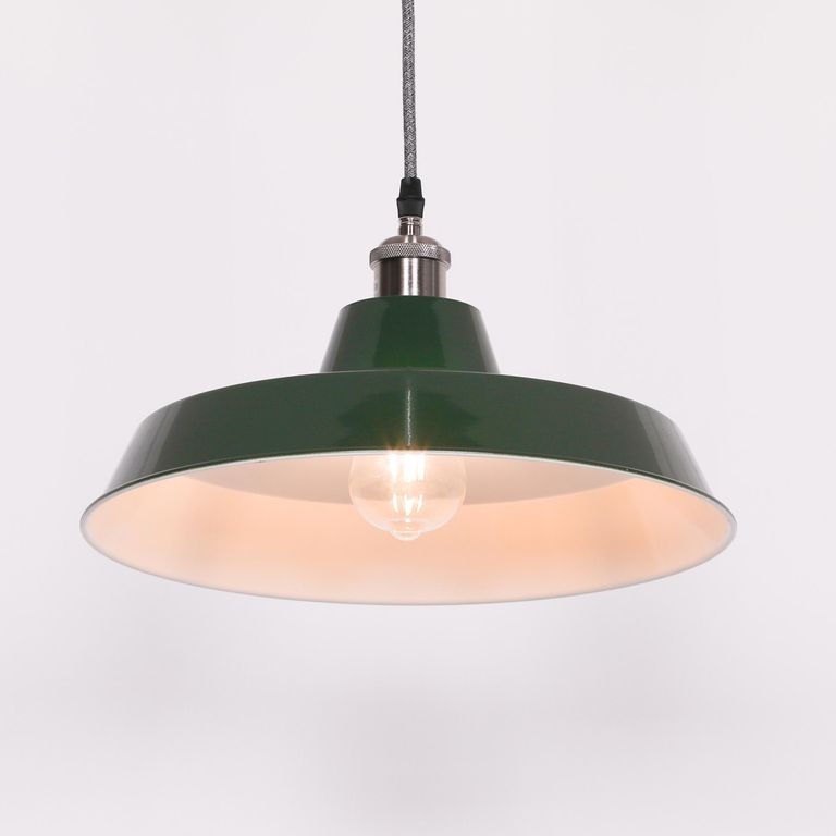 British Factory Style Pendant Light - Green Painted Metal - 36cm