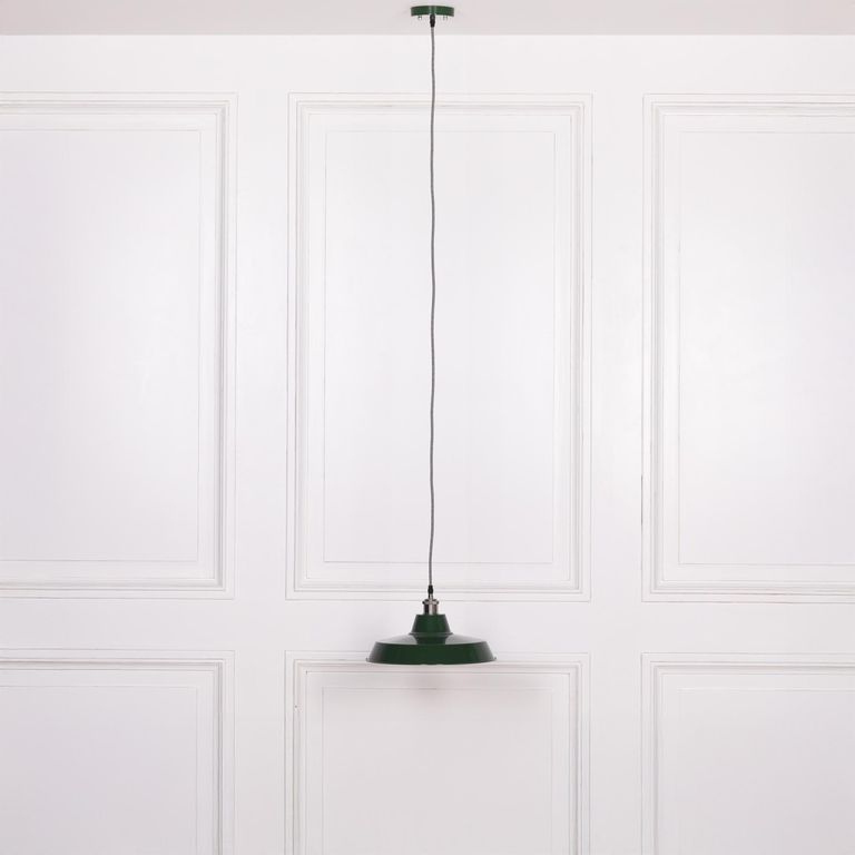 British Factory Style Pendant Light - Green Painted Metal - 36cm
