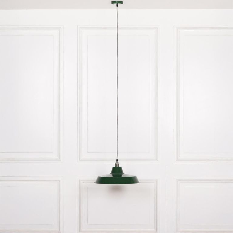British Factory Style Pendant Light - Green Painted Metal - 46cm