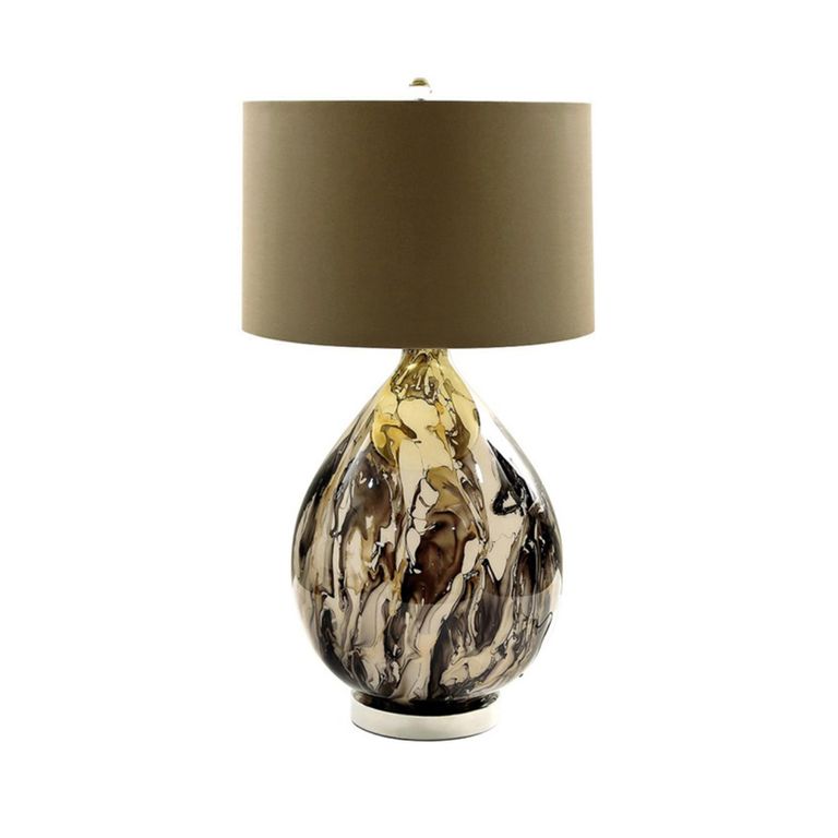 Table Lamp - Brown Linen and Gold Abstract Glass