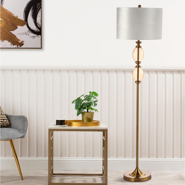 Floor Lamp - Cream Velvet Fabric - Amber Brown Glass