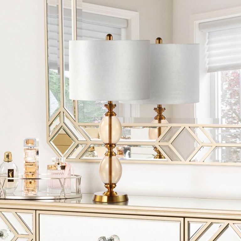 Table Lamp - Cream Velvet Fabric - Amber Brown Glass