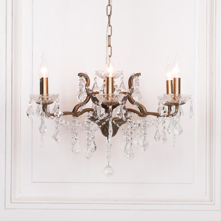 French Style Shallow Cut Glass Chandelier - Antique Gold - 6 Branch
