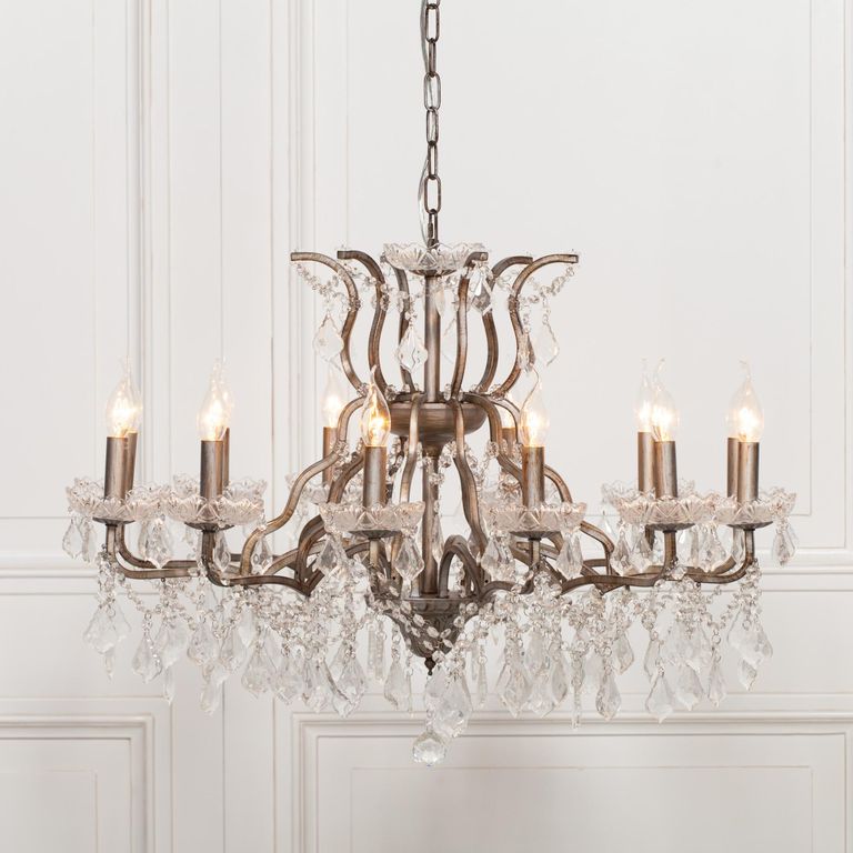 French Style Shallow Cut Glass Chandelier - Antique Silver - 12 Branch