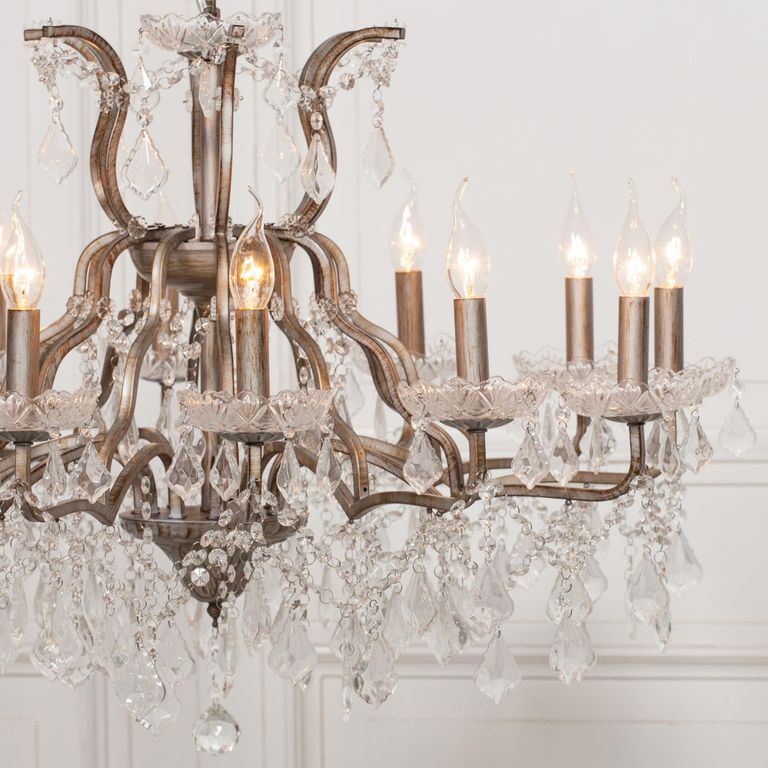 French Style Shallow Cut Glass Chandelier - Antique Silver - 12 Branch