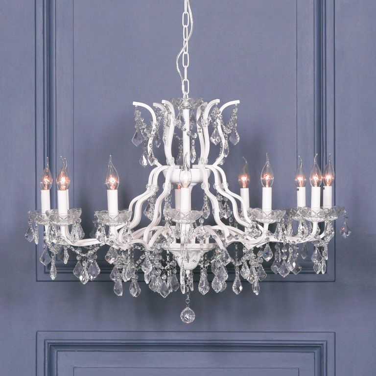 French Style Shallow Cut Glass Chandelier - White - 12 Branch