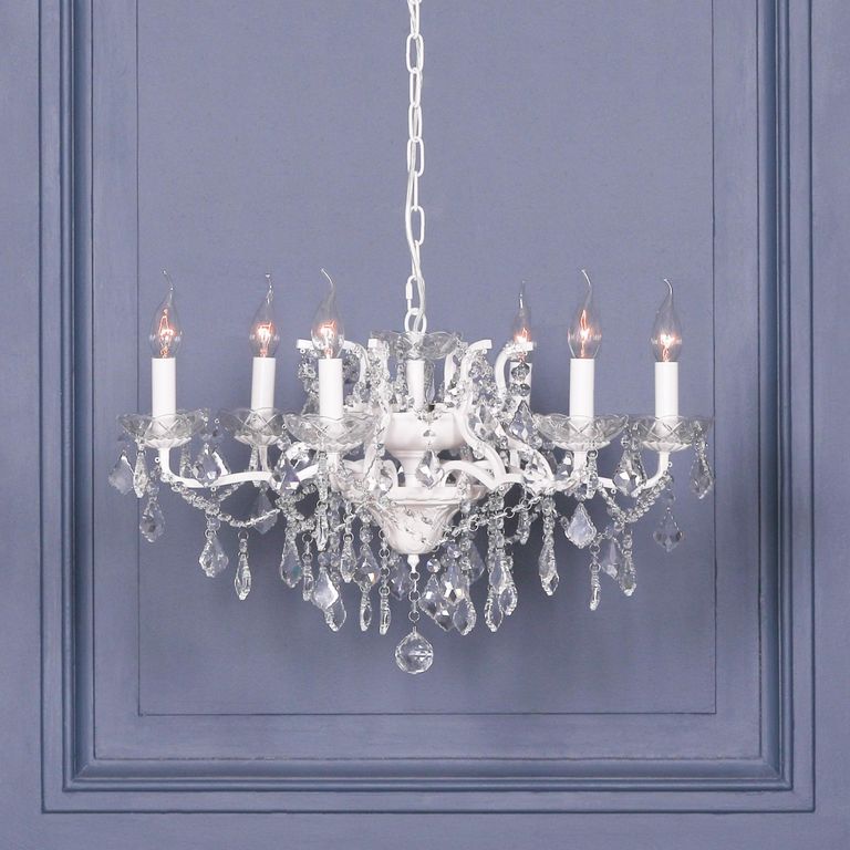 French Style Shallow Cut Glass Chandelier - White - 6 Branch