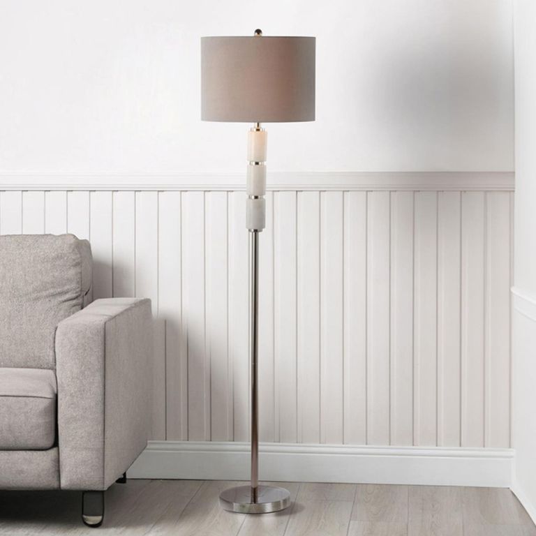 Floor Lamp - Grey Faux Silk and White Marble