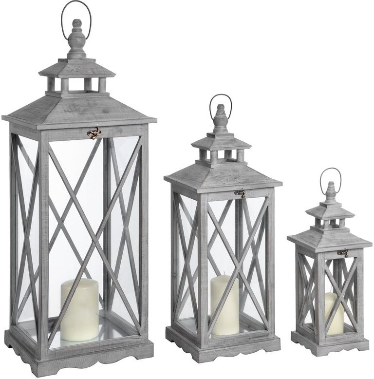 Set Of 3 Wooden Lanterns with Traditional Cross Section