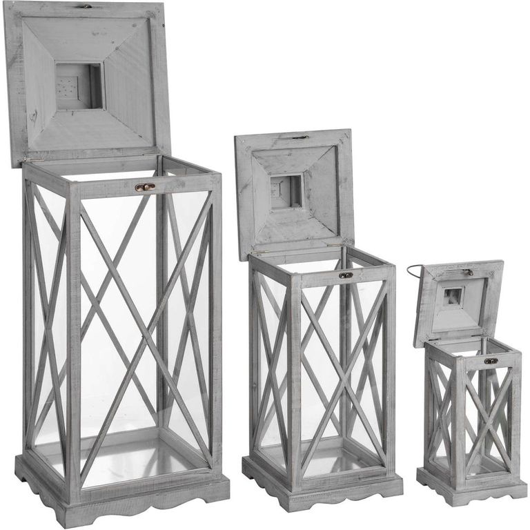 Set Of 3 Wooden Lanterns with Traditional Cross Section