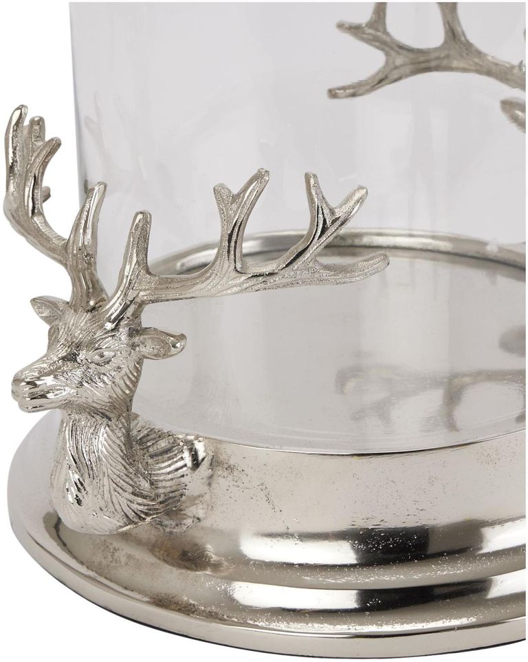 Silver Metal Stag Heads Hurricane Lantern