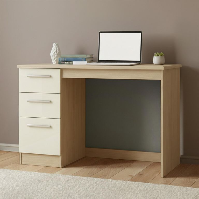 Knightsbridge Desk - 3 Drawer - Cream Gloss and Light Oak