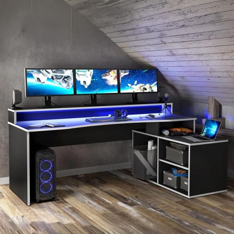 Tezaur Gaming Desk - LED Light - 3 Shelves - Black