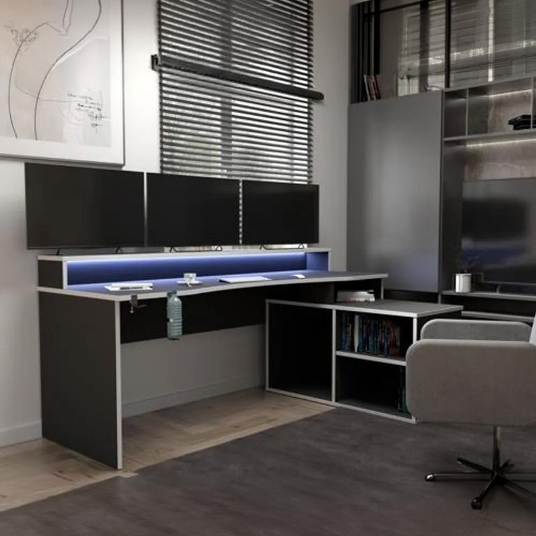 Tezaur Gaming Desk - LED Light - 3 Shelves - Black