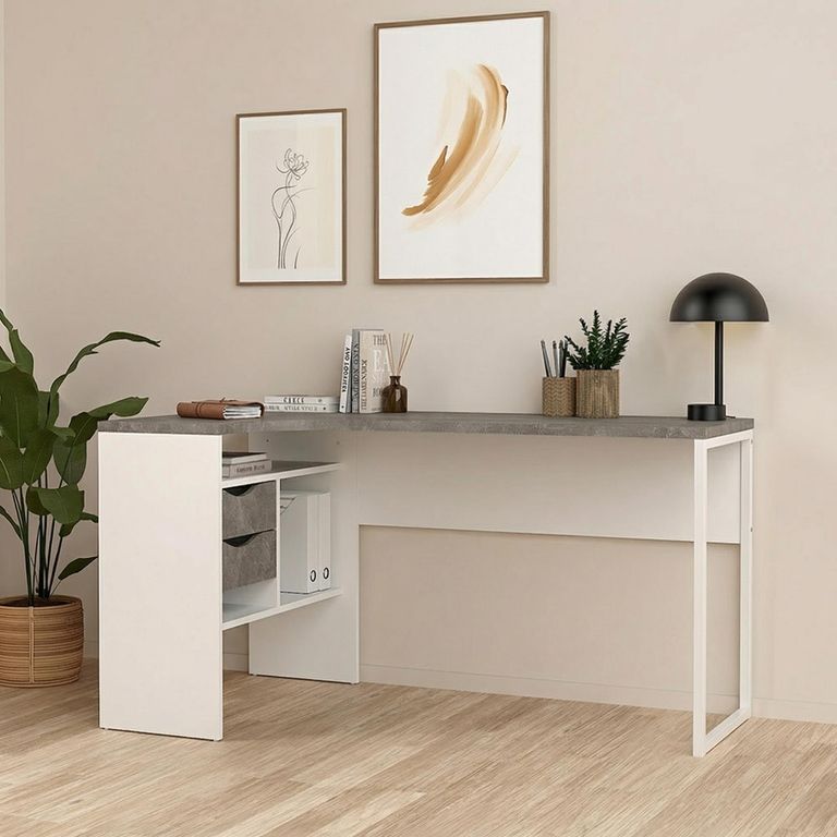 Function Plus Corner Desk - 2 Drawer - White and Grey