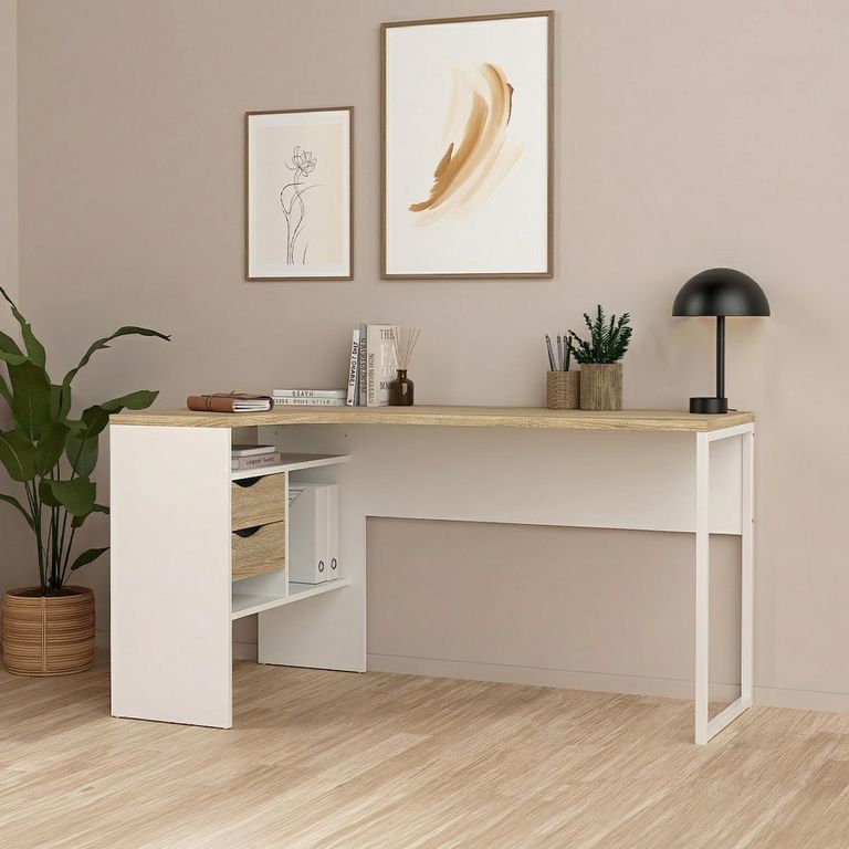 Function Plus Corner Desk - 2 Drawer - White and Oak