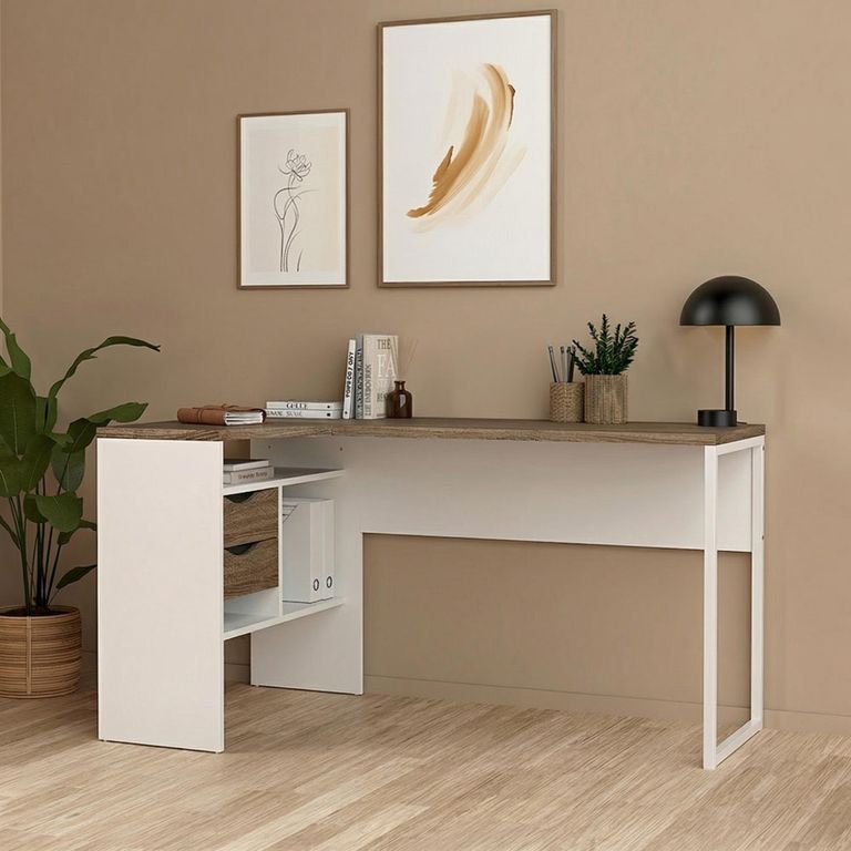 Function Plus Corner Desk - 2 Drawer - White and Truffle Oak