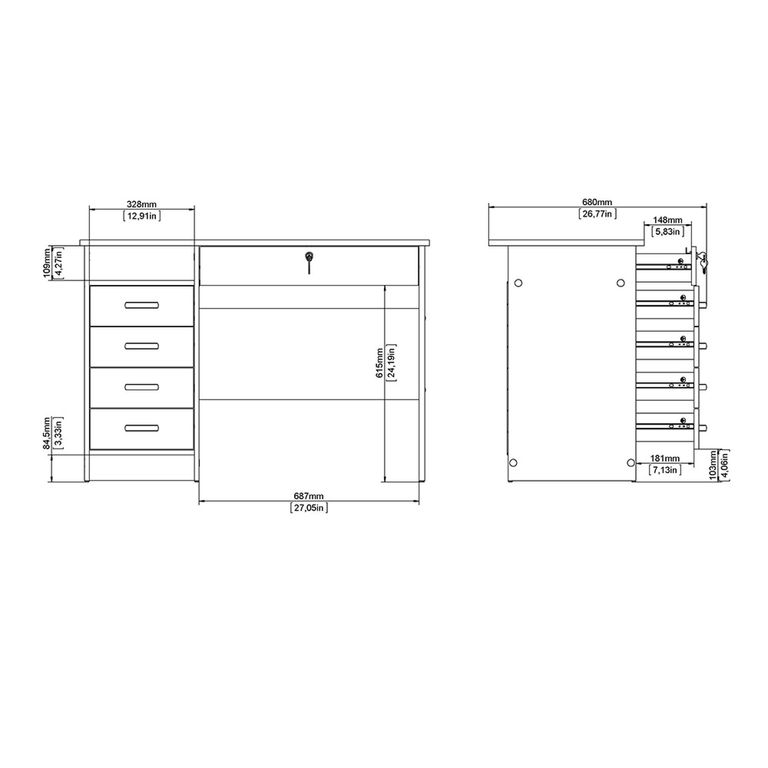 Function Plus Desk - 4+1 Handle Free Drawer - Single - White