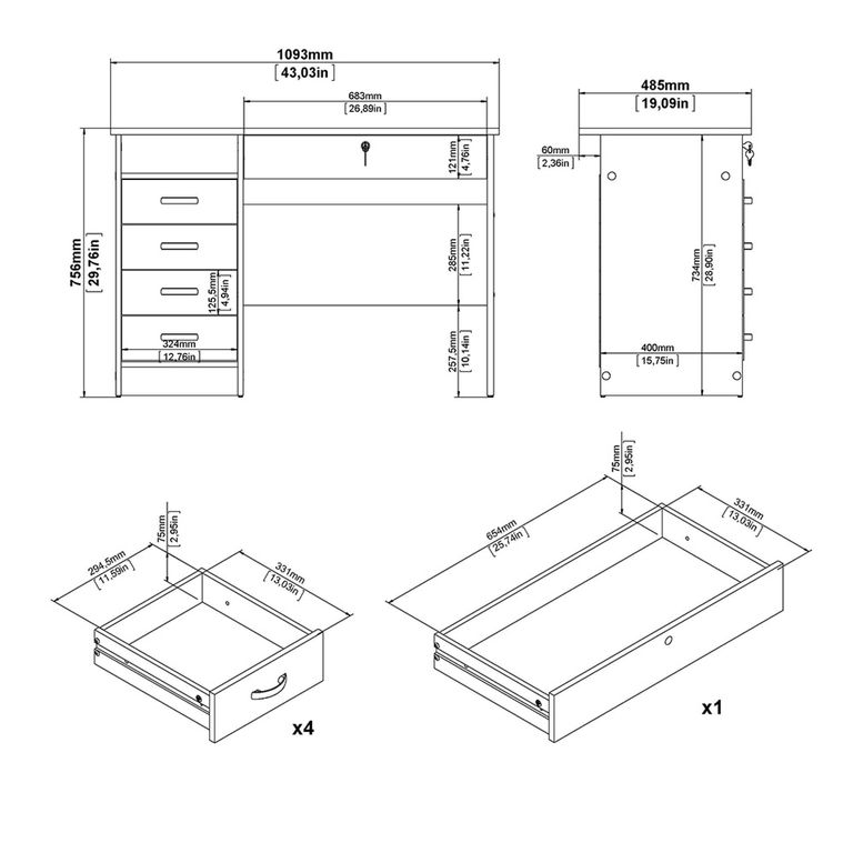 Function Plus Desk - 4+1 Handle Free Drawer - Single - White