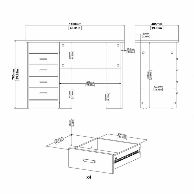 Function Plus Desk - 4 Drawer - Single - White