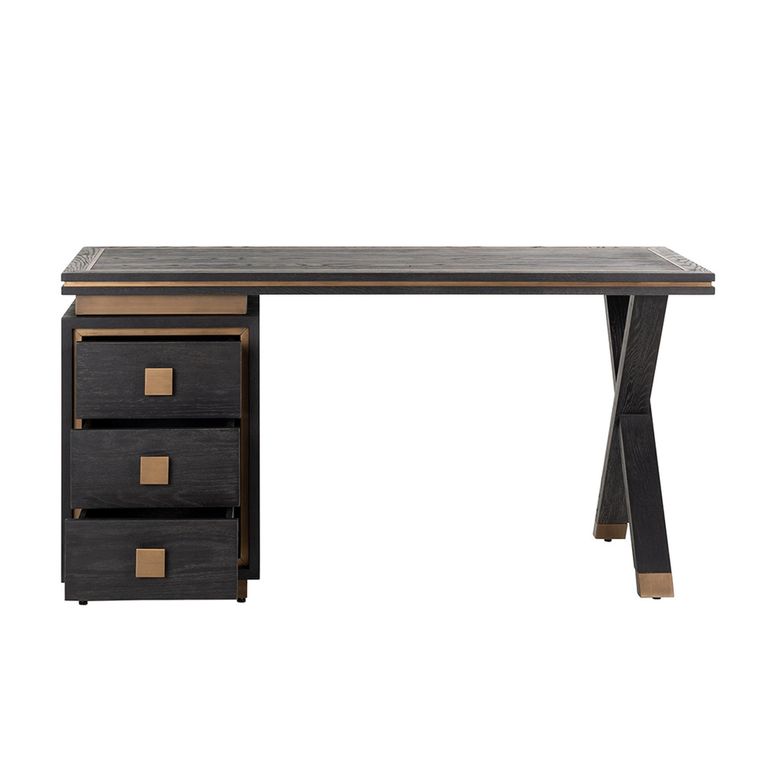 Hunter Black Oak 3 Drawer Desk with Gold Trim