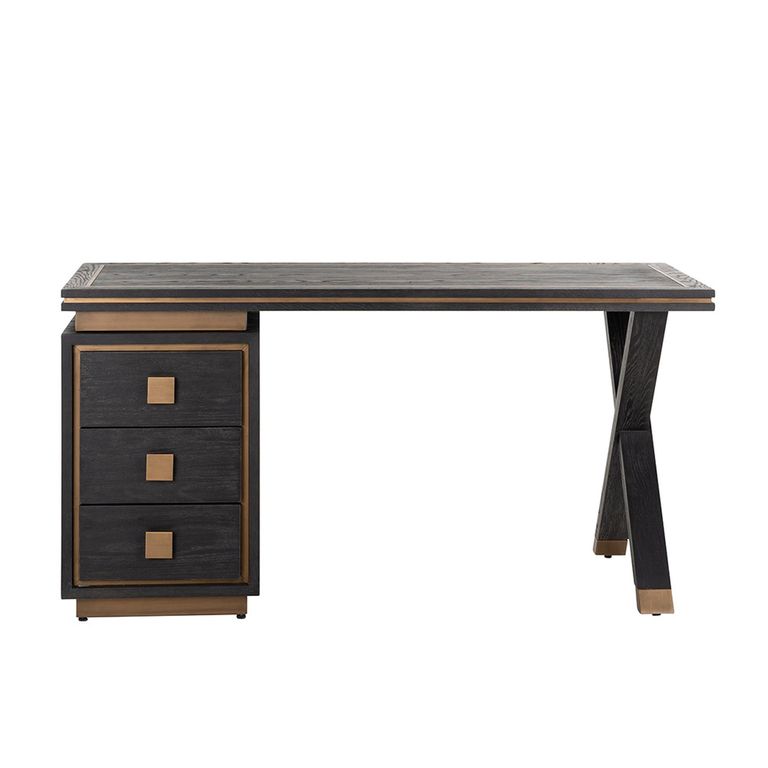 Hunter Black Oak 3 Drawer Desk with Gold Trim