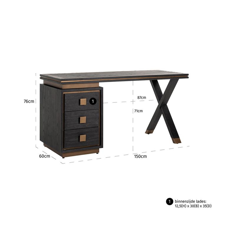 Hunter Black Oak 3 Drawer Desk with Gold Trim