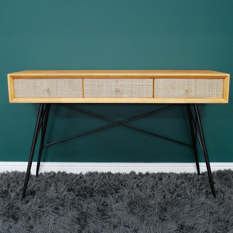 Desk - 3 Drawer - Rubber Wood and Rattan