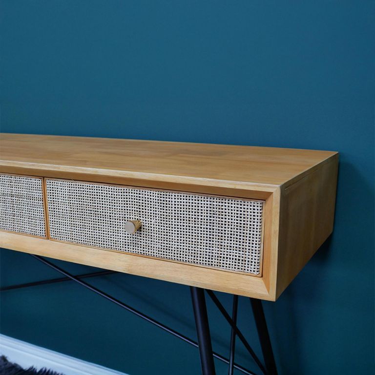 Desk - 3 Drawer - Rubber Wood and Rattan