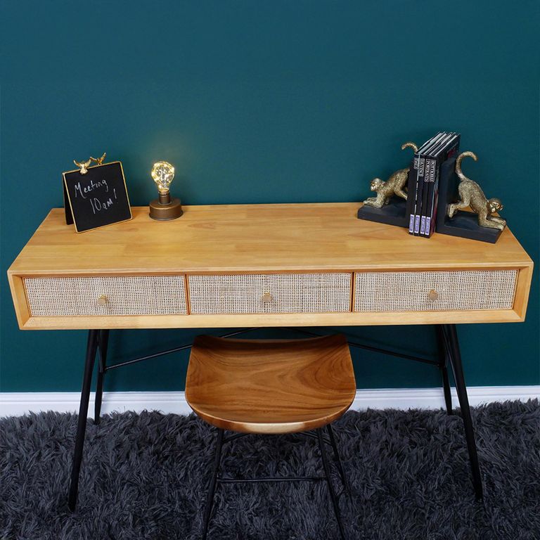 Desk - 3 Drawer - Rubber Wood and Rattan